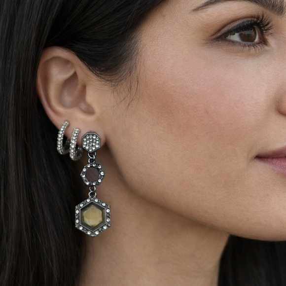 Dillards Accessories - Sparkling Rhinestone Hoop + Hexagon Dangle Earrings Set | Silver Tone Statement